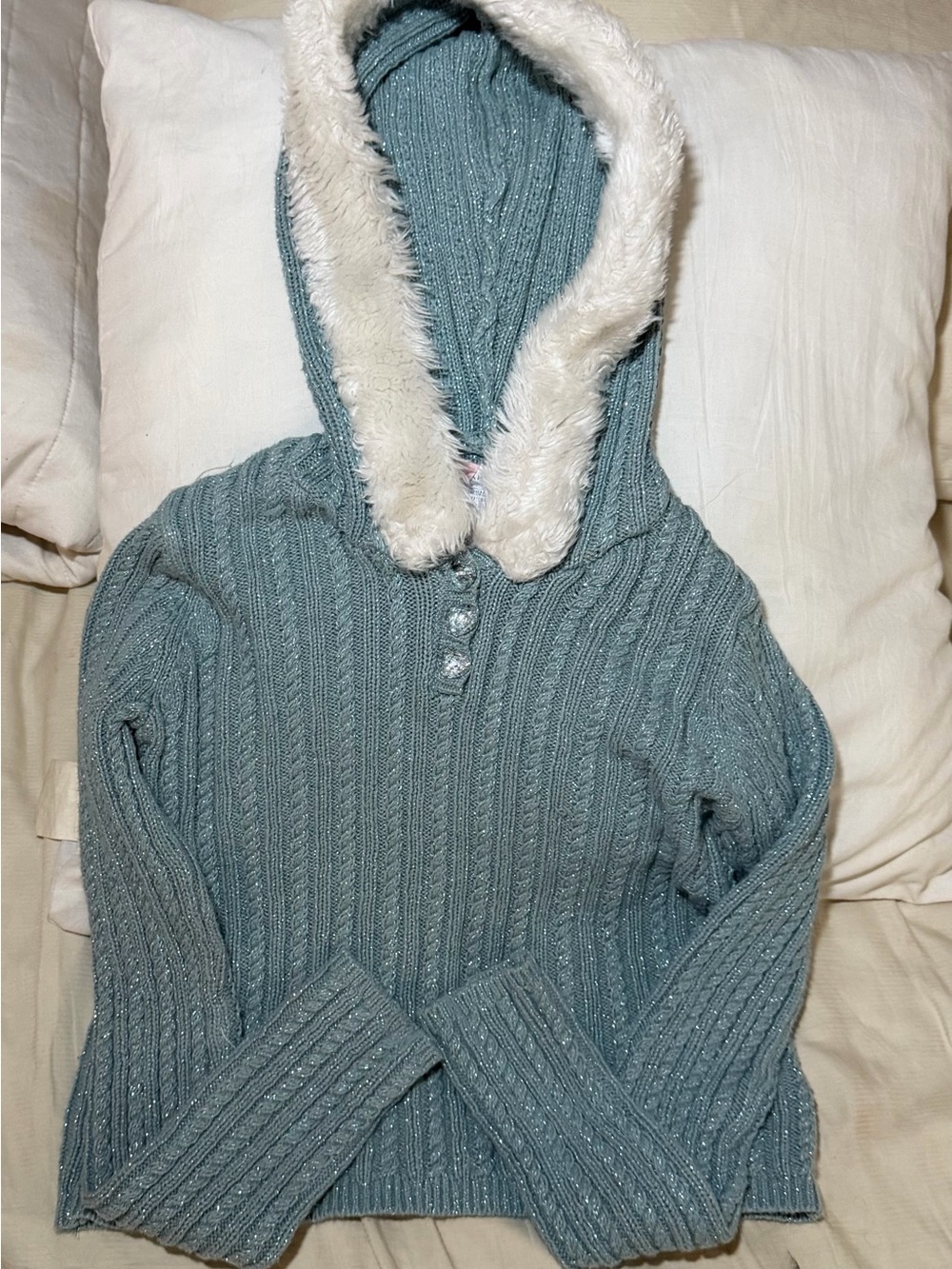 Tahari Sparkle Cable-Knit Hooded Sweater with Faux Fur Trim - Slate Blue
